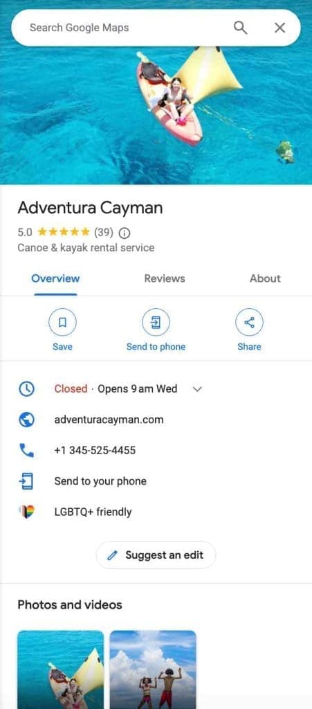 Adventura Cayman Google Business optimized by Toc Toc Marketing - Profile Cayman Islands