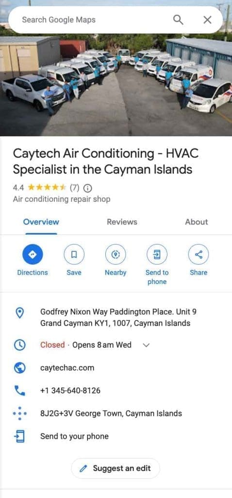 Caytech Air Conditioning Google Business Profile optimized by Toc Toc Marketing - Cayman Islands