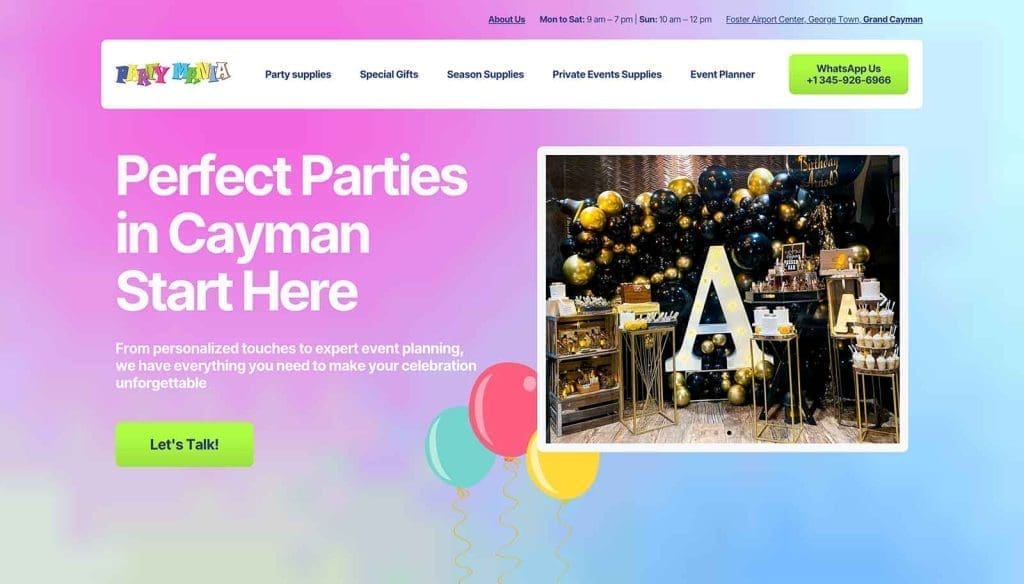 Party Mania Website made by Toc Toc Marketing - Local Business - Cayman Islands