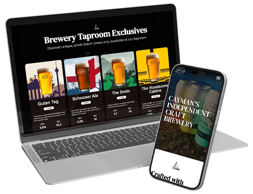 Cayman Brewery website design: laptop & mobile showcasing craft beer taproom exclusives.