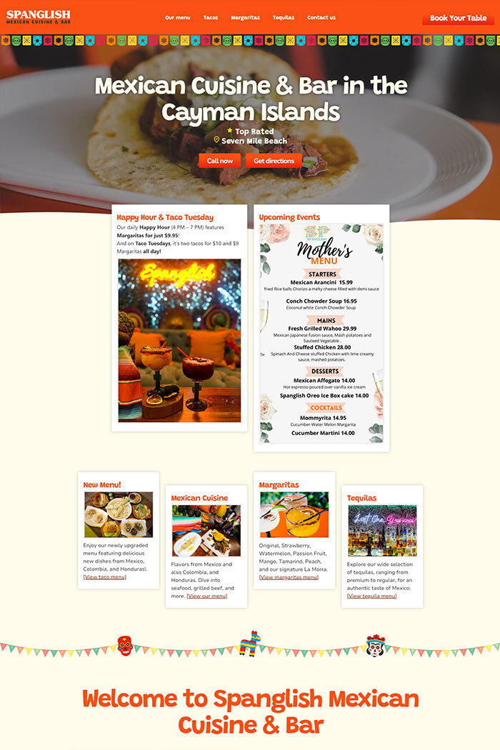 Spanglish Cayman Islands restaurant website homepage.