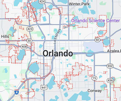 Orlando area map highlighting key locations and routes.