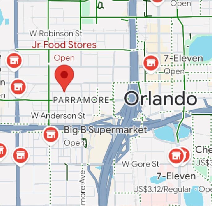 Orlando Parramore neighborhood map highlighting local businesses.