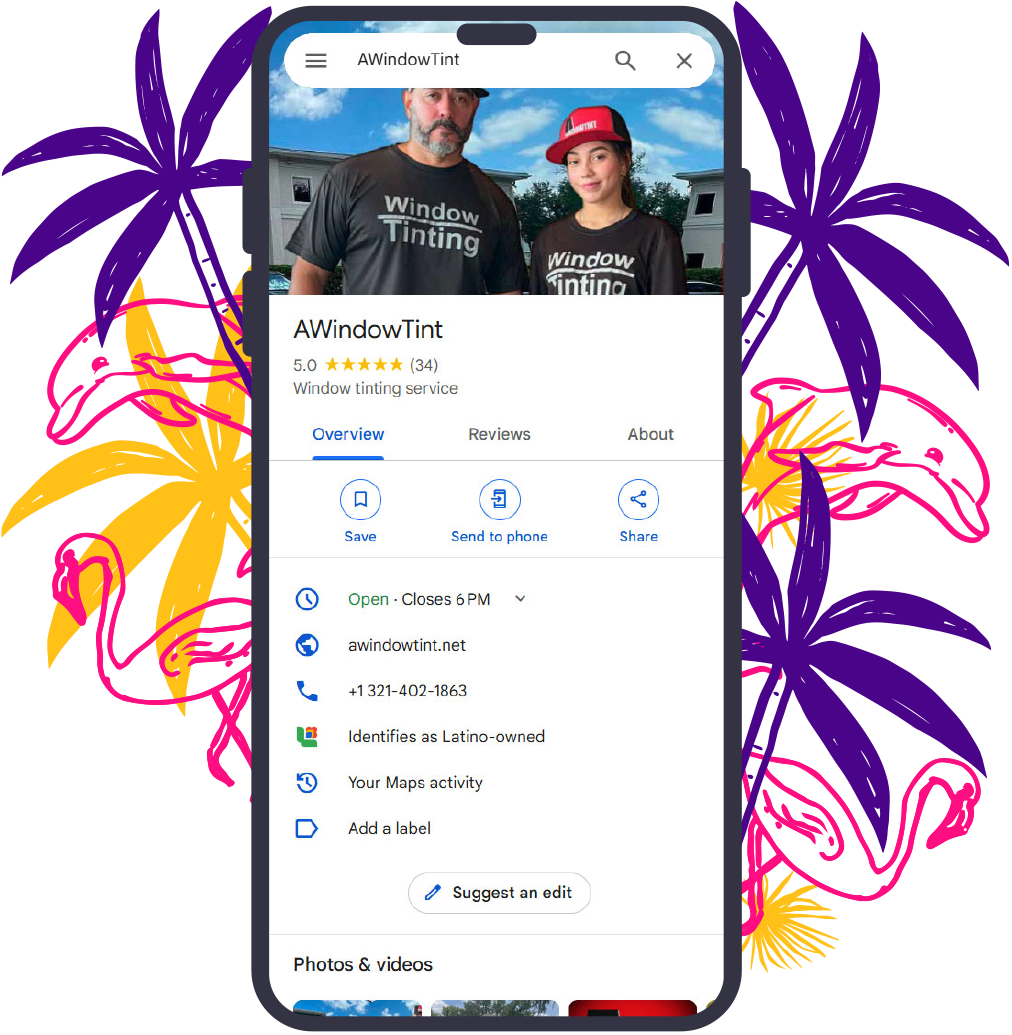 AWindwTint Orlando Google profile: 5-star window tinting service.