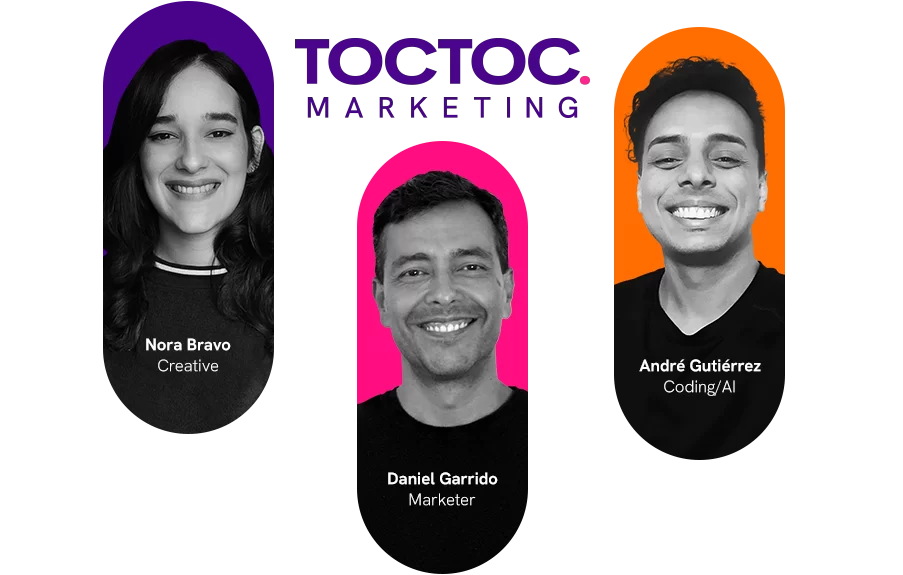 TocToc Marketing Orlando team: Nora Bravo, Daniel Garrido, André Gutiérrez.