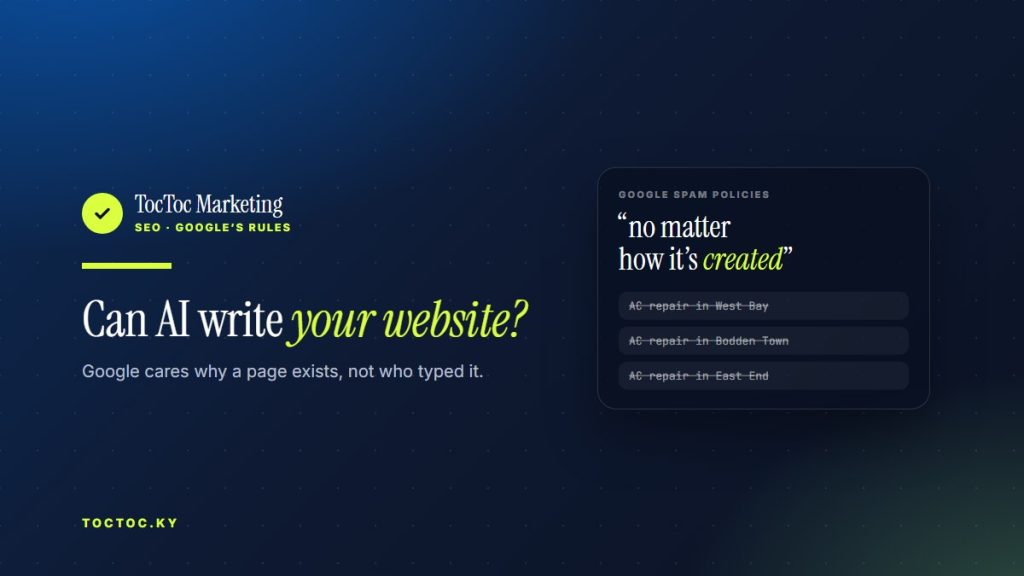 Google's spam policy wording 'no matter how it's created' beside near-identical district pages