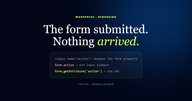 Code showing that an input named action shadows form.action in the DOM, and that form.getAttribute('action') returns the URL instead